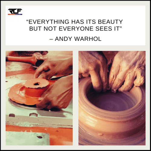 Side by side photos of hands of RCF Technologies worker working on orange circular part, next to hands of artisan working on orange circular clay pot