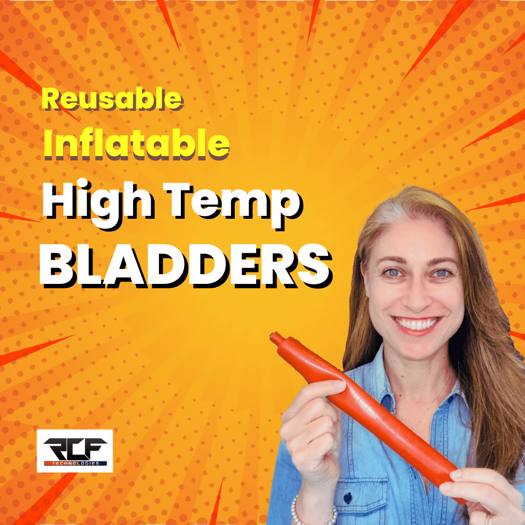 Paulie Rose holding inflatable reusable high temp orange bladder made of rishon material